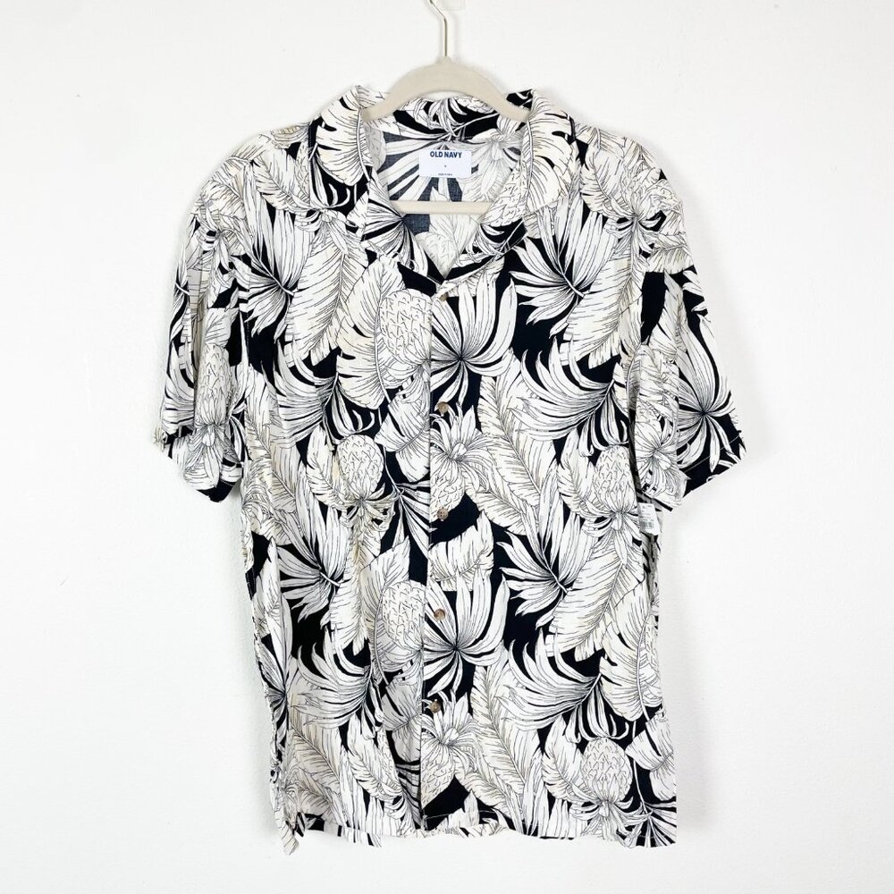 NWT Old Navy Mens Hawaiian Short‎ Sleeve Shirt L Black & White Tropical Print